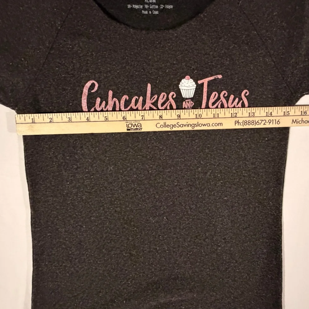 J. America Women XL Charcoal Gray Fleece T-Shirt Cupcakes and Jesus Glitter NWT